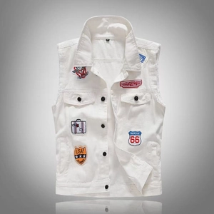 Men White Denim Vest Slim Fit Sleeveless Jacket Retro Route 66 USAF Patchwork Streetwear Cotton Button Up Denim Top