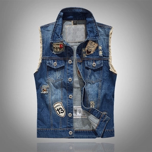 Men Distressed Denim Vest Vintage Patchwork Washed Slim Fit Sleeveless Denim Jacket Frayed Edges Streetwear Outwear