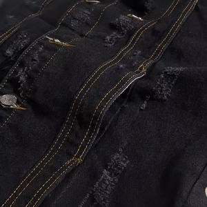 Men's slim fit black denim vest with distressed ripped details and contrast stitching