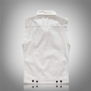 Back view of a slim fit white denim vest with stylish stitching and black buttons