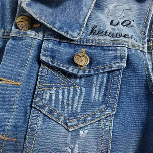 Men's slim fit blue denim vest with vintage embroidery and utility pockets