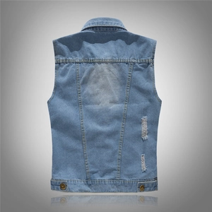 Slim fit light blue denim vest for men featuring back distressed hole details