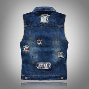 Men's blue distressed denim vest with vintage wash and graphic patchwork on the back
