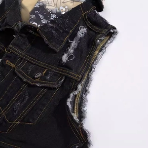 Slim fit black denim vest for men with distressed edges and contrast stitching details