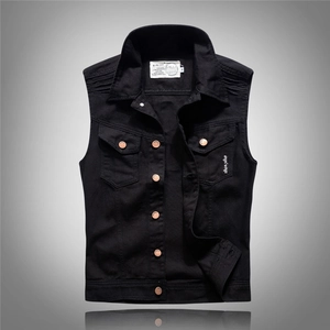 Slim fit black denim vest for men with angel wings embroidery and copper buttons