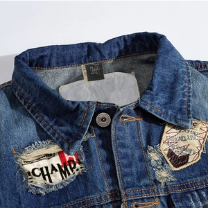 Slim fit denim vest for men with retro distressed details and decorative embroidery patches