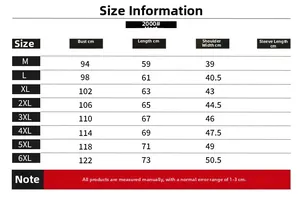 Detailed size chart for light blue denim vest including M to 6XL chest and length data