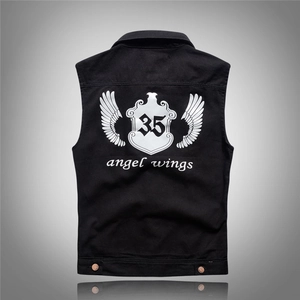 Men's Casual Black Denim Vest Slim Fit Wings Back Print Button Down Sleeveless Jacket Fashion Streetwear Outwear