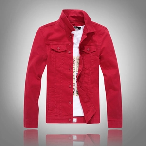 Men's slim fit red casual denim jacket with chest pockets and vintage print tee