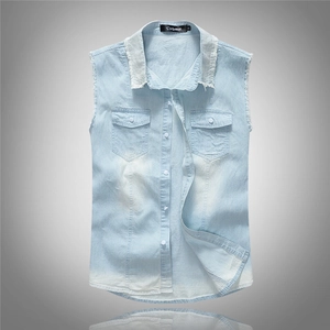 Men's Light Blue Slim Fit Sleeveless Denim Vest Single Breasted Cotton Denim Jacket With Frayed Edges Casual Waistcoat Top