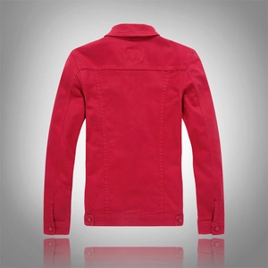Rear view of red cotton twill jacket showing back seams and adjustable hem button detail