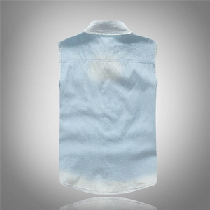 Men's light blue cotton denim vest with distressed frayed edges and a vintage wash