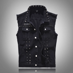 Men's Black Denim Vest Punk Rock Studded Slim Fit Sleeveless Jacket Motorcycle Distressed Cotton Blend Waistcoat Plus Size