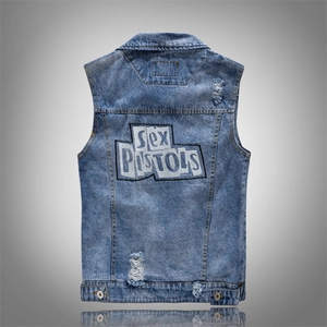 Men Distressed Denim Vest Ripped Sleeveless Jacket Retro Letter Embroidery Punk Rock Style Slim Fit Washed Blue Denim Gilet