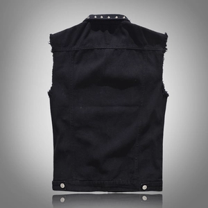 Men's black denim vest featuring silver studded collar and distressed armholes