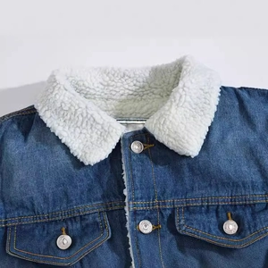 Men's winter denim jacket with warm white fleece collar and silver metal buttons