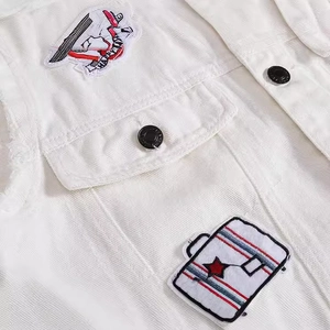 Men's slim fit white denim vest with skull embroidery and black metal buttons