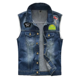 Gilet in denim vintage da uomo con toppe ricamate e collo alto vestibilità slim