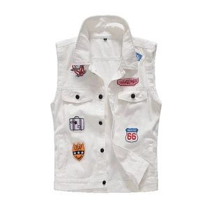 White slim fit denim vest for men with vintage Route 66 patches and frayed armholes