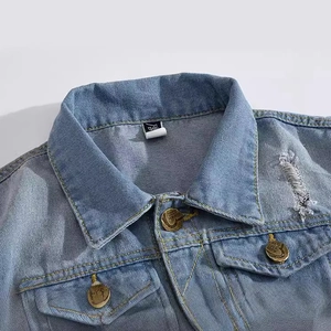 Slim fit light blue distressed denim vest with metal buttons and chest pockets