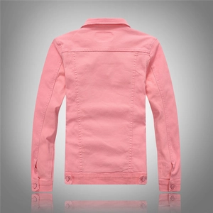 Detail view of the back of a slim fit pink denim jacket with adjustable waist buttons