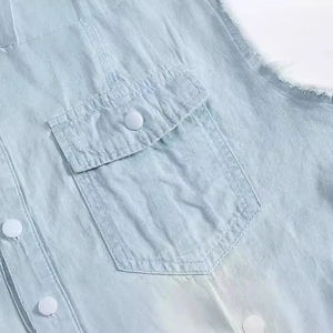 Men's light blue cotton denim vest with distressed collar and chest pockets for summer