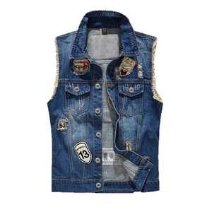 Men's slim fit vintage denim vest with motorcycle patches and distressed sleeve details