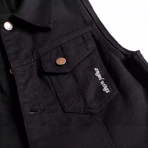 Slim fit black denim vest for men featuring angel wings embroidery and metal buttons