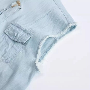 Men's light blue cotton denim vest shirt with raw edges and chest pockets