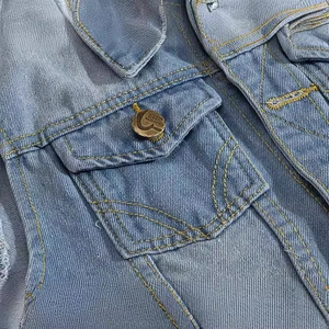 Slim fit light blue distressed denim vest for men with metal buttons and chest pockets