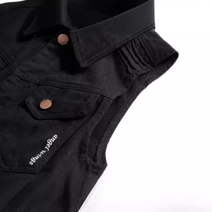 Slim fit black denim vest for men featuring angel wings embroidery and metal buttons