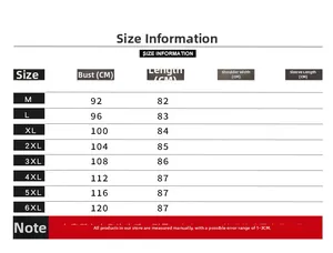 Detailed size chart for men's long casual vest from M to 6XL with chest and length data