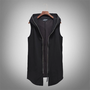 Gilet Décontracté à Capuche pour Hommes Coupe Slim Long sans Manches Fermeture Éclair Sweat-Shirt Gilet Couleur Unie Ourlet Arrondi Top Streetwear