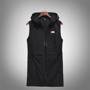 Men's Casual Sleeveless Hooded Vest Thin Polyester Long Style Plus Size Zipper Waistcoat Trendy Korean Fashion Outerwear Black