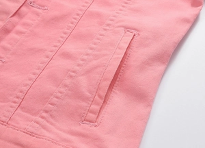 Detailed close-up of side pockets and double stitching on pink denim jacket for men