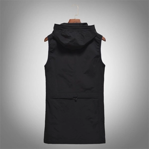 Rear view of black hooded vest for men with windproof fabric and adjustable drawstring