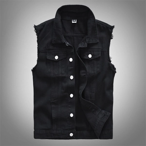 Gilet in Denim Nero Casual da Uomo Distressed Bordi Sfrangiati Giacca Senza Maniche Con Tasche a Patta Streetwear Slim Fit