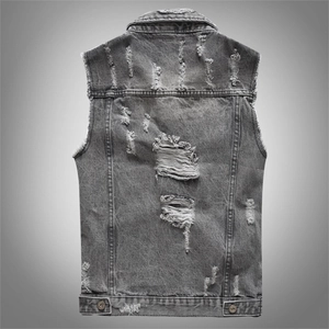 Gilet in denim grigio da uomo con effetto consumato e cuciture strutturali sul retro
