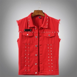 Detail of red denim vest showing silver rivet studs and frayed sleeveless edges