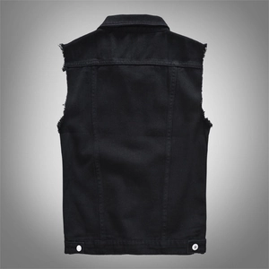Gilet di jeans nero da uomo con cuciture posteriori classiche e bordi sfrangiati