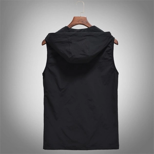Slim fit men's hooded casual vest in solid black lightweight windproof fabric back view