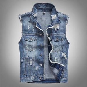 Men's blue distressed denim vest with ripped details and classic button-up front style