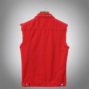 Men's red denim vest with silver studs on the collar and raw cut armholes back view