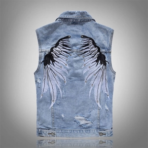 Men's Streetwear Light Blue Denim Vest Sleeveless Jacket Wing Embroidery Rivets Distressed Ripped Design Cotton Casual Waistcoat