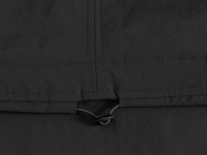 Detail of adjustable hem with elastic drawstring and toggle on black casual vest