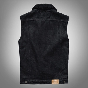 Gilet en jean noir pour homme avec col en polaire épaisse et doublure chaude au dos