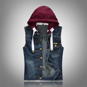 Gilet en Jean Décontracté pour Hommes Avec Capuche Bordeaux Amovible Coupe Ajustée Simple Boutonnage Mélange Coton Lavé Sans Manches