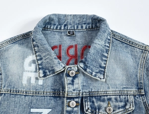 Blue retro wash denim jacket for men featuring drop shoulders and back letter embroidery