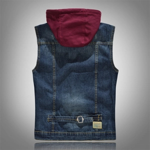 Gilet en jean à capuche pour homme avec capuche bordeaux et sangle dorsale réglable