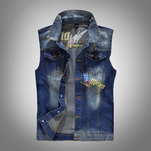 Men Retro Denim Vest Lightning Embroidery Distressed Ripped Sleeveless Jacket Casual Cotton Denim Waistcoat Outwear